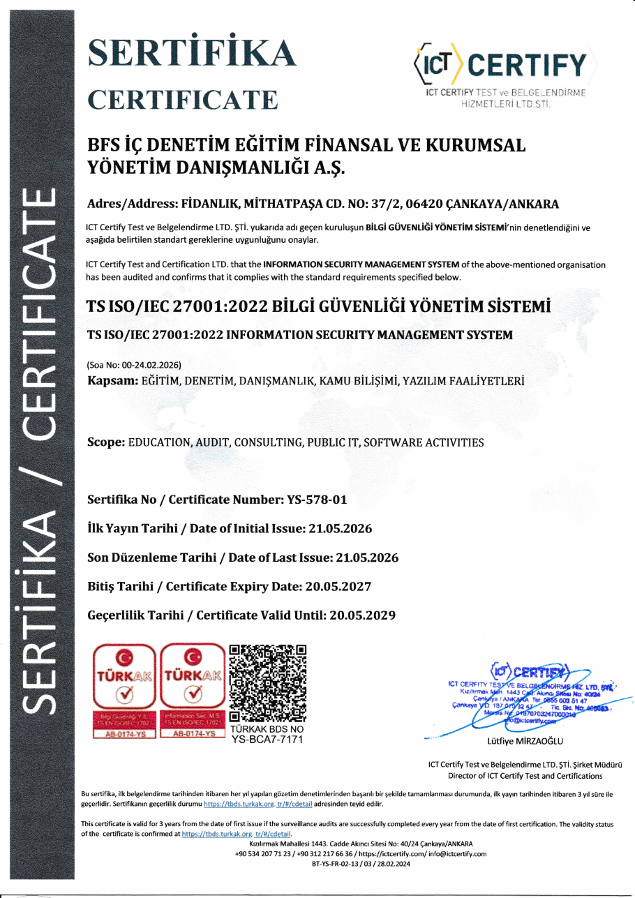 BFS ISO IEC 27001 Bilgi Güvenliği Yönetim Sistemi belgesi önizlemesi
