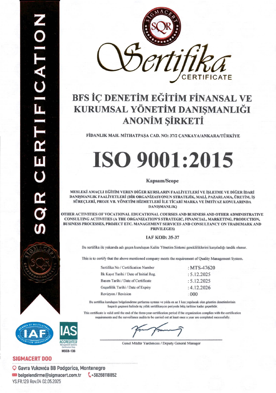 BFS ISO 9001 Kalite Yönetim Sistemi belgesi önizlemesi